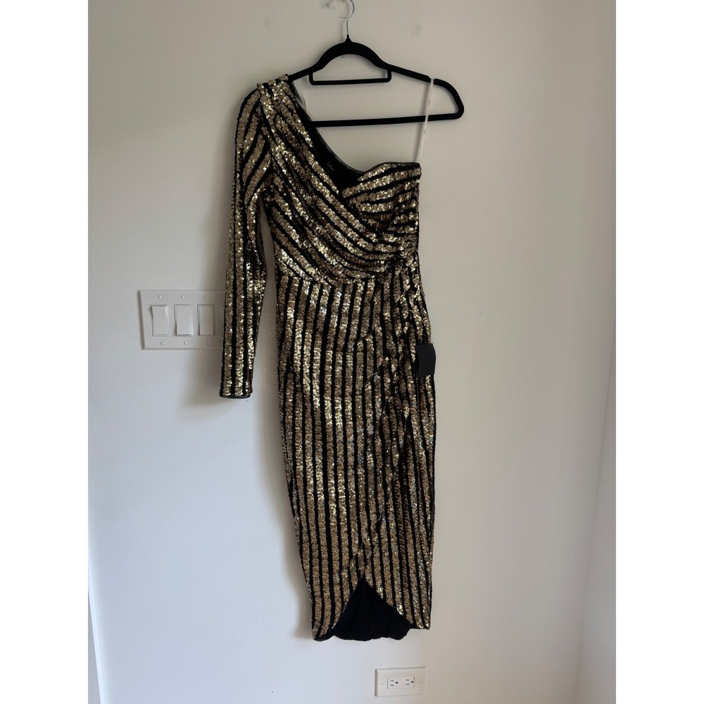 Lulus Gold Black Sequin One Shoulder Midi Dress Stripe Long Sleeve M NEW - Picture 2 of 16